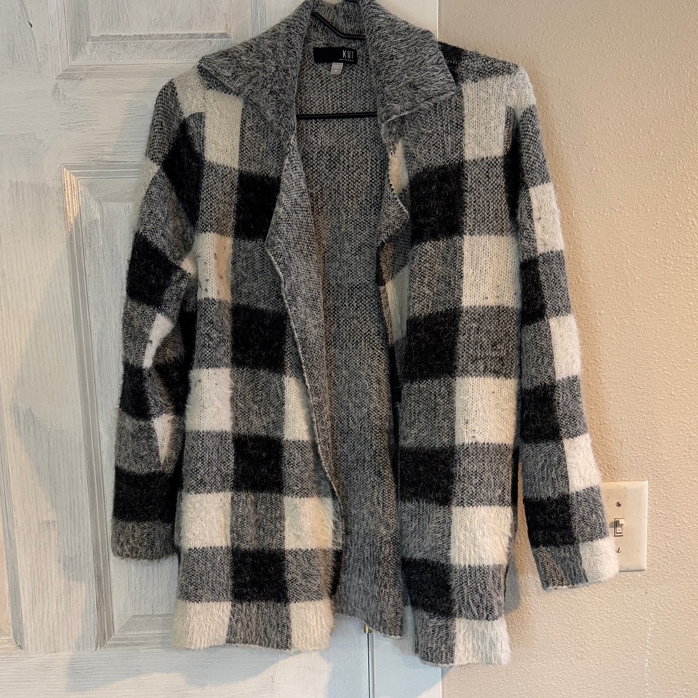 GUC Kut from the Kloth Checkered Teddy Sweater Jacket - Black, White, Gray